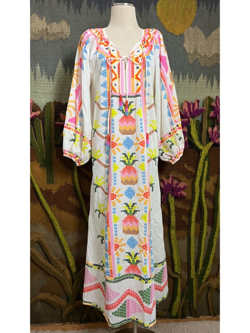 FARM Rio White Maxi Dress with Neon Pink, Yellow & Blue Embroidery - Picture 4 of 13